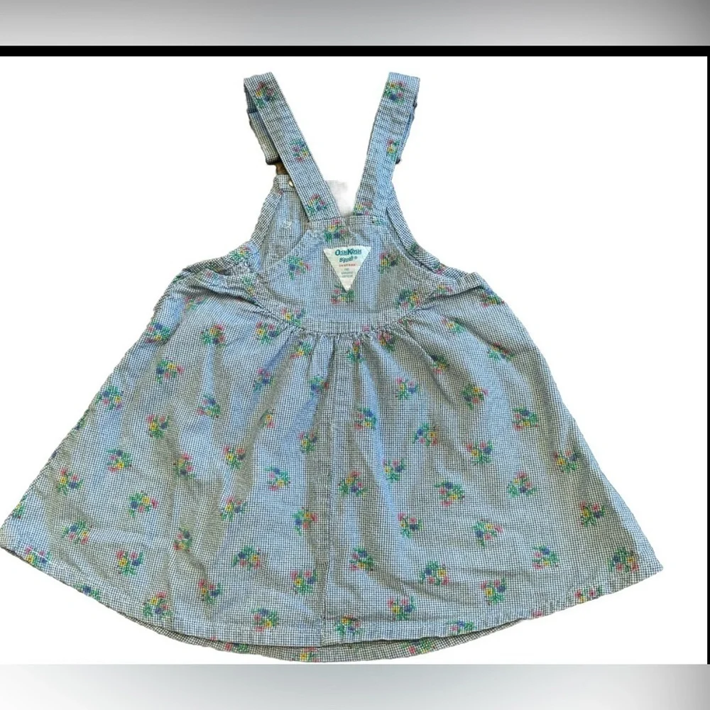 Oshkosh B'Gosh Floral Plaid BlueDress Overall 3T USA Vestbak‎ Jumper Gingham VTG